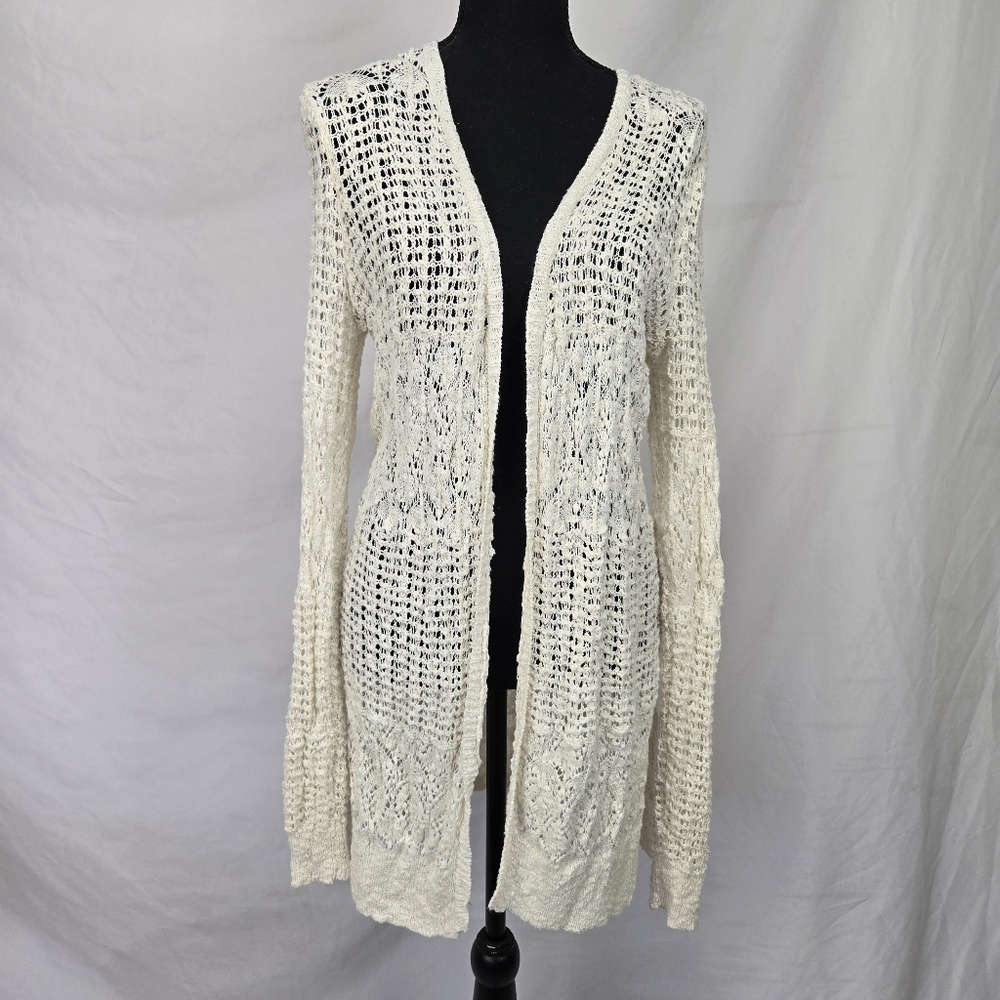 🔥 (5for$35) MUDD Retro Cream Crochet Cardigan Long length Slit on side Size M